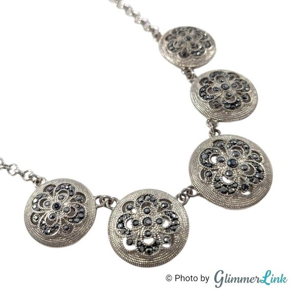 Trifari Floral Ornate Faux Marcasite Circles Silver Tone Necklace - Picture 6 of 13